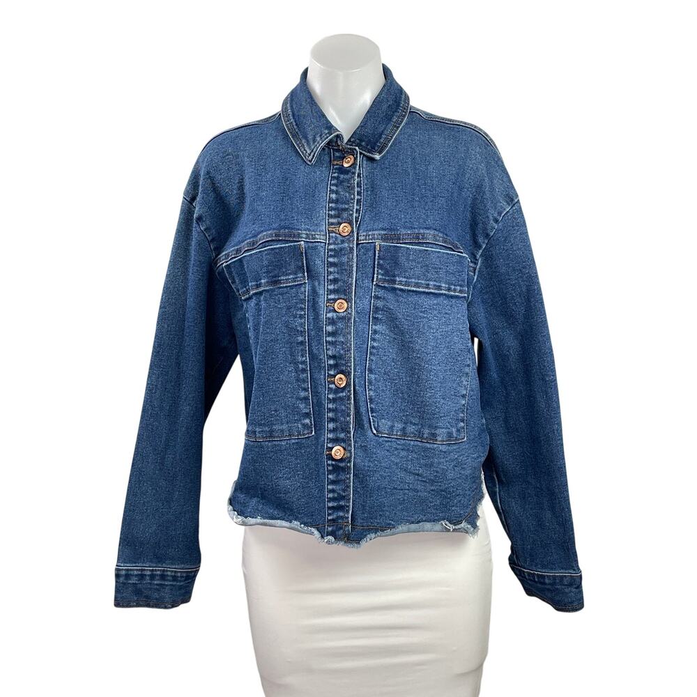 Kensie Blue Button Down Long Sleeve Oversized Pocket Denim Jean Coat Jacket L